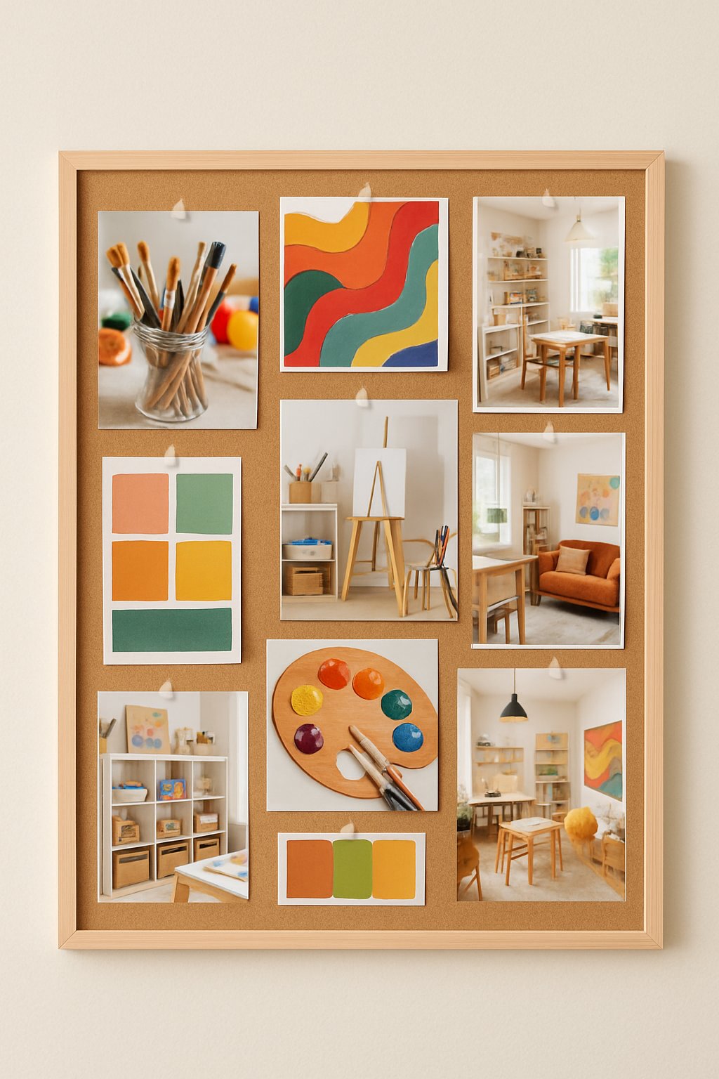 A small inspiration board on a wall covered with colorful art-related photos and clippings arranged in a collage.