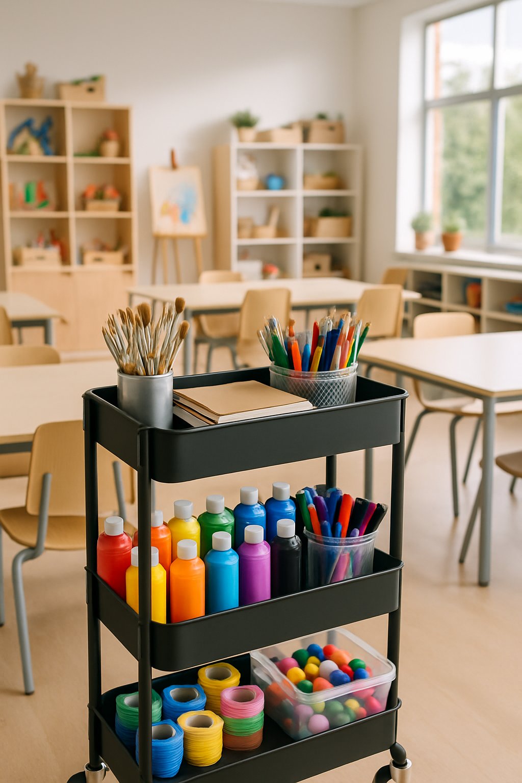 A rolling cart filled with art supplies in a bright and organized art classroom.