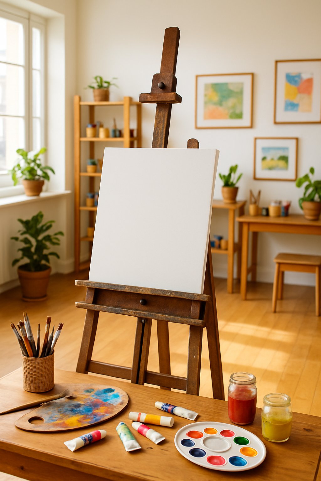 An art room with a vintage wooden easel holding a blank canvas, surrounded by art supplies, shelves, and framed artworks on the walls.