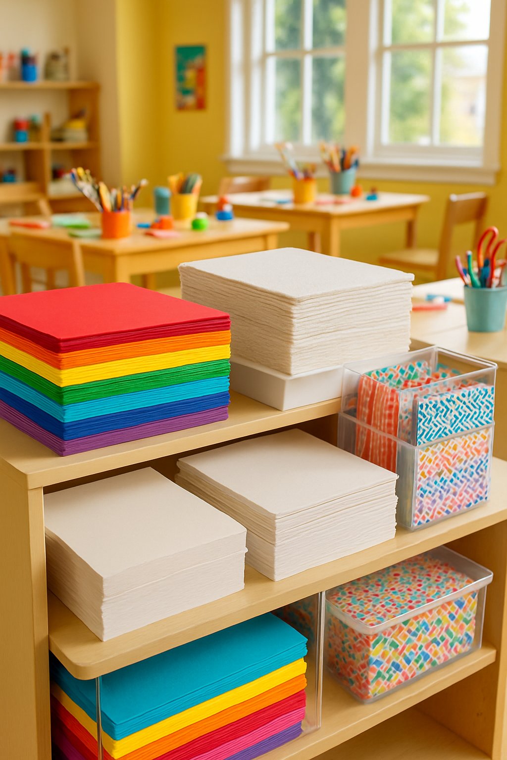 An art room workspace with various types of paper neatly organized on shelves and in containers, surrounded by art supplies on wooden tables.