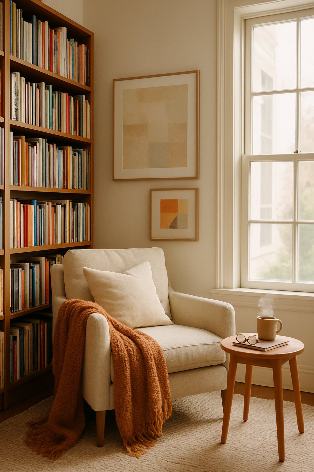 A cozy reading nook with an armchair, bookshelves filled with art books, a side table with a cup of tea, and framed art on the walls.