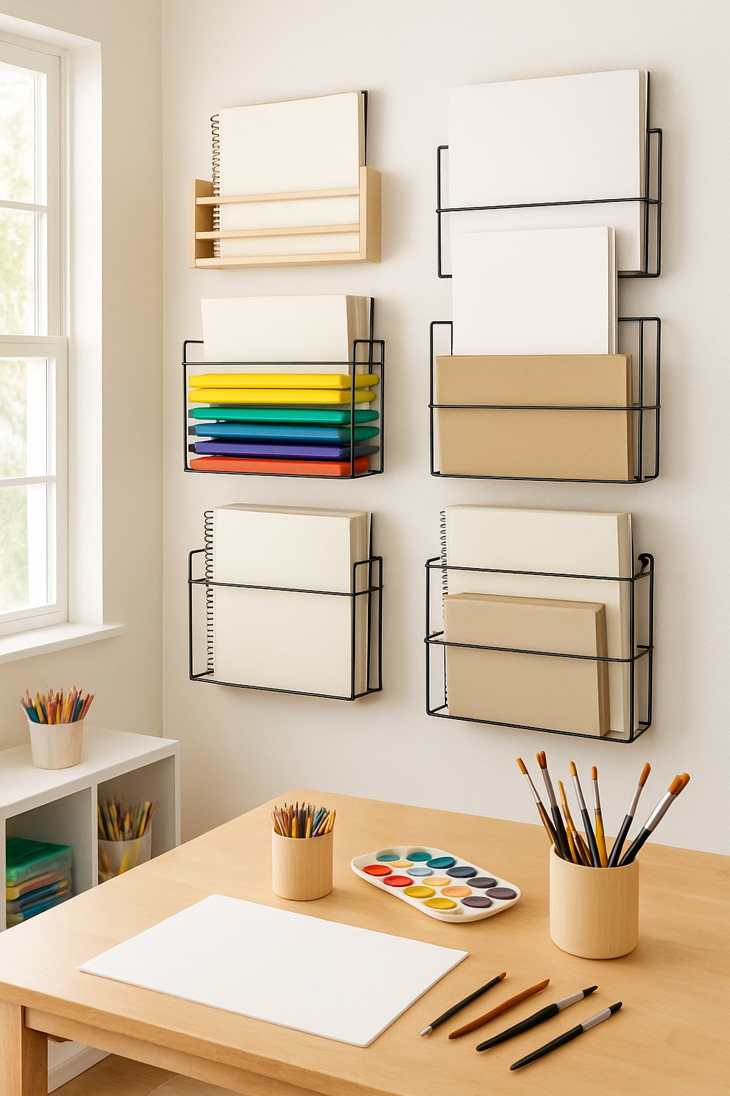 An art room with wall-mounted organizers holding papers and pads above a wooden table with art supplies.
