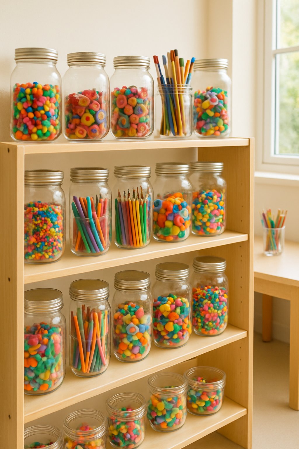 Clear jars filled with colorful art materials displayed on wooden shelves in a bright art room.