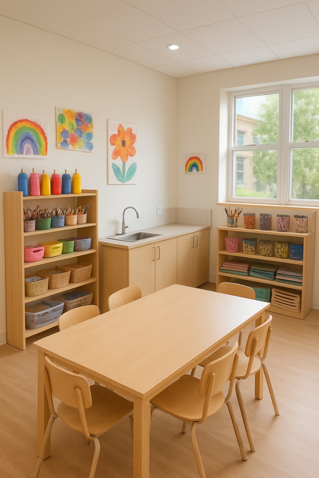 An art room with organized supplies, colorful artwork, and a small sink for easy cleanup.