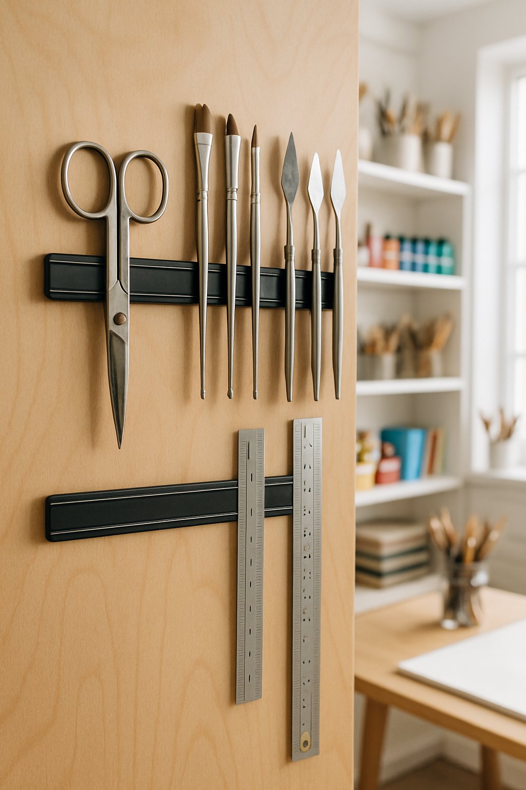An art room workspace with metal tools like scissors and paintbrushes held on magnetic strips mounted on a wooden wall.