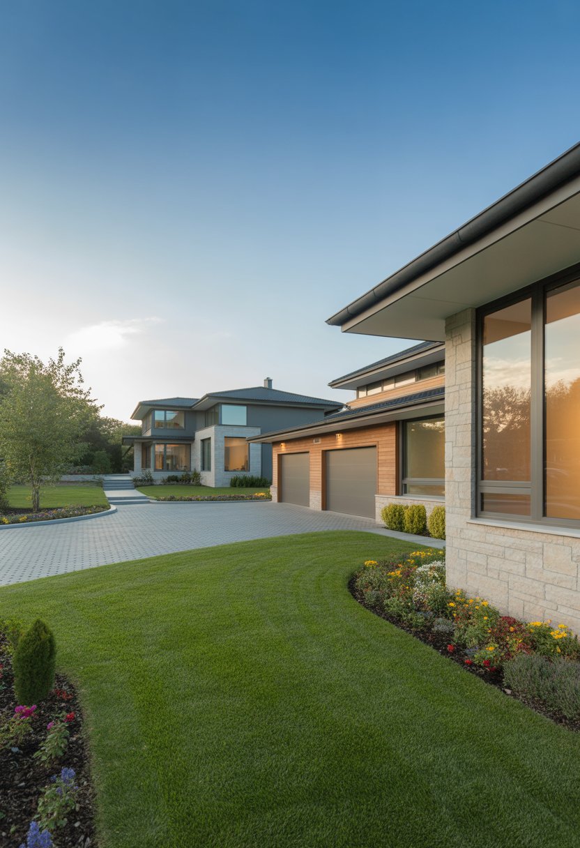 Modern Suburban House Ideas: 7 Stylish Designs to Inspire Your Next Home 1 A modern suburban house with a green lawn, flower beds, driveway, and trees under a clear blue sky.