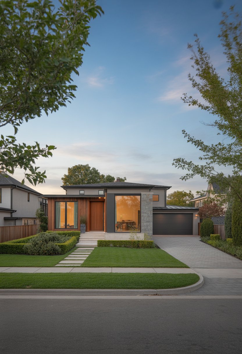 Modern Suburban House Ideas: 7 Stylish Designs to Inspire Your Next Home 2 A modern suburban house with a front yard, driveway, and clear sky.