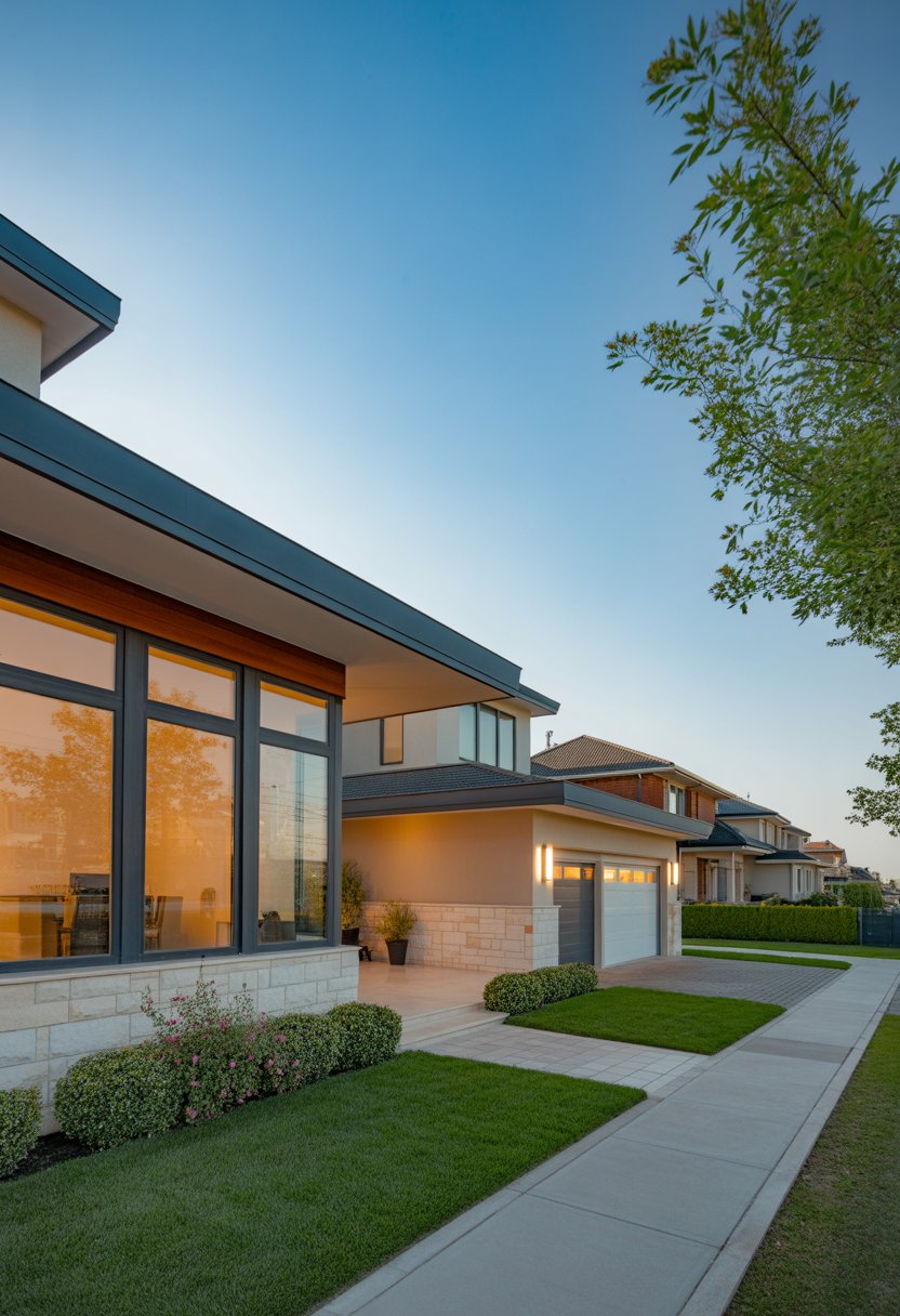 Modern Suburban House Ideas: 7 Stylish Designs to Inspire Your Next Home 4 A modern suburban house with a front yard, driveway, and clear sky in a residential neighborhood.