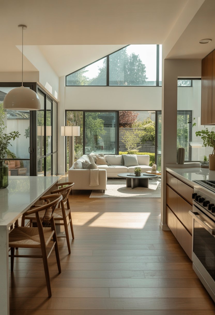 Modern Suburban House Ideas: 7 Stylish Designs to Inspire Your Next Home 5 Bright and spacious interior of a modern suburban house with large windows and open floor plan connecting living, dining, and kitchen areas.