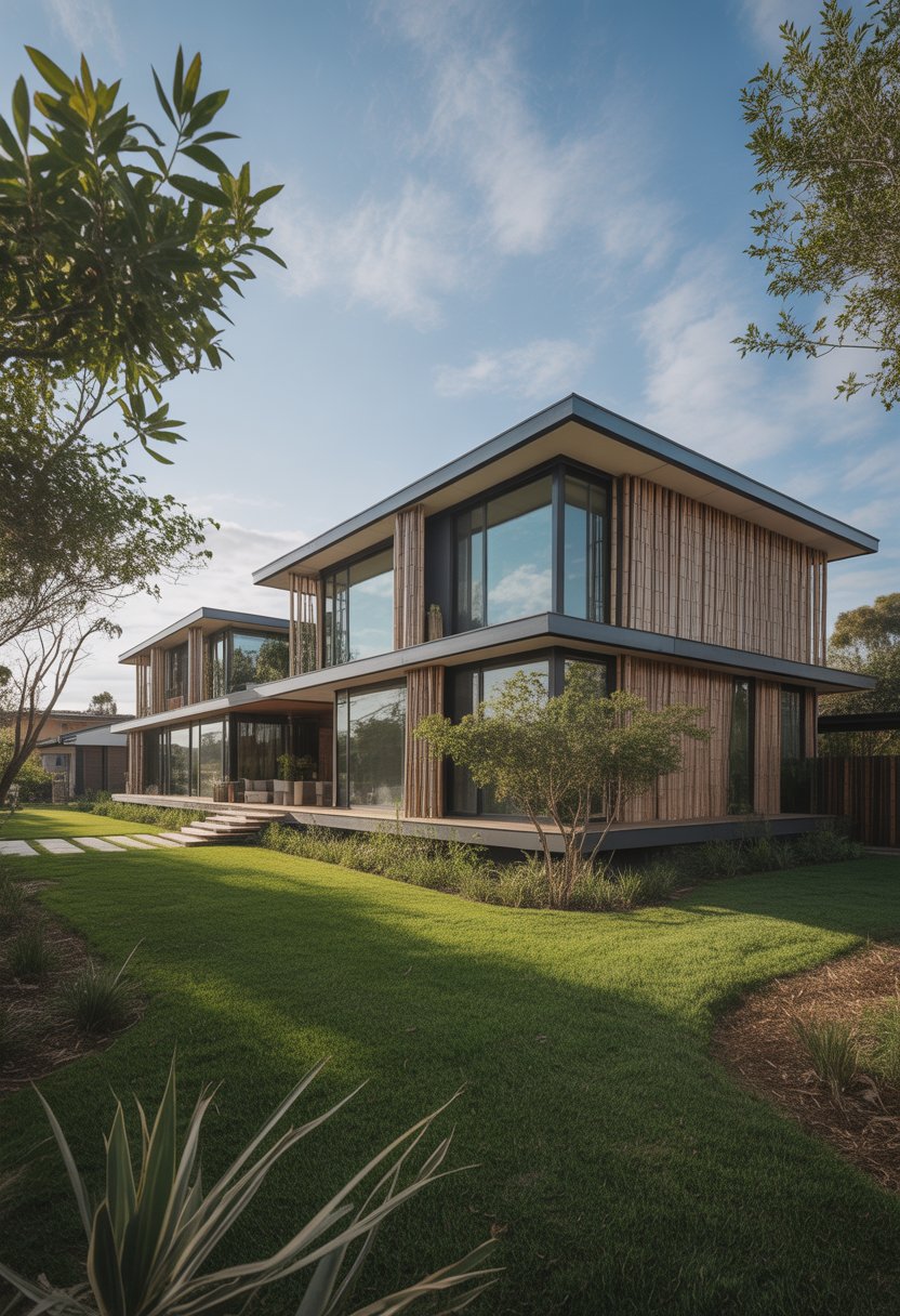 Modern Suburban House Ideas: 7 Stylish Designs to Inspire Your Next Home 6 A modern suburban house made with bamboo and recycled steel surrounded by green lawn and trees under a clear sky.