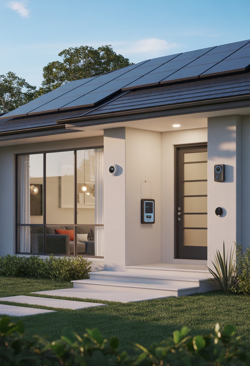 Modern Suburban House Ideas: 7 Stylish Designs to Inspire Your Next Home 7 A modern suburban house with smart security camera, smart doorbell, smart lock, solar panels on the roof, and green landscaping under a clear blue sky.