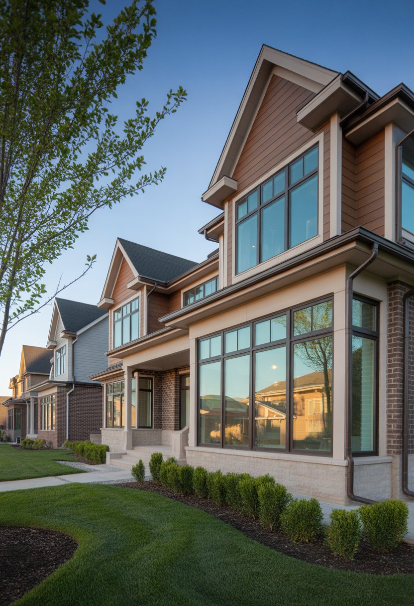 Modern Suburban House Ideas: 7 Stylish Designs to Inspire Your Next Home 8 A modern suburban house with large windows surrounded by green lawns and trees under a clear sky.