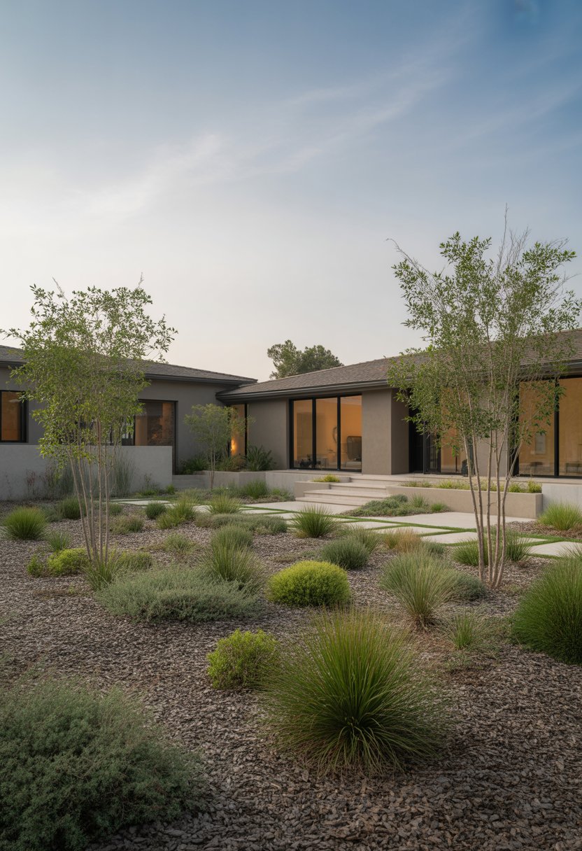 Modern Suburban House Ideas: 7 Stylish Designs to Inspire Your Next Home 9 Front yard of a modern suburban house with native plants and simple landscaping under a clear sky.