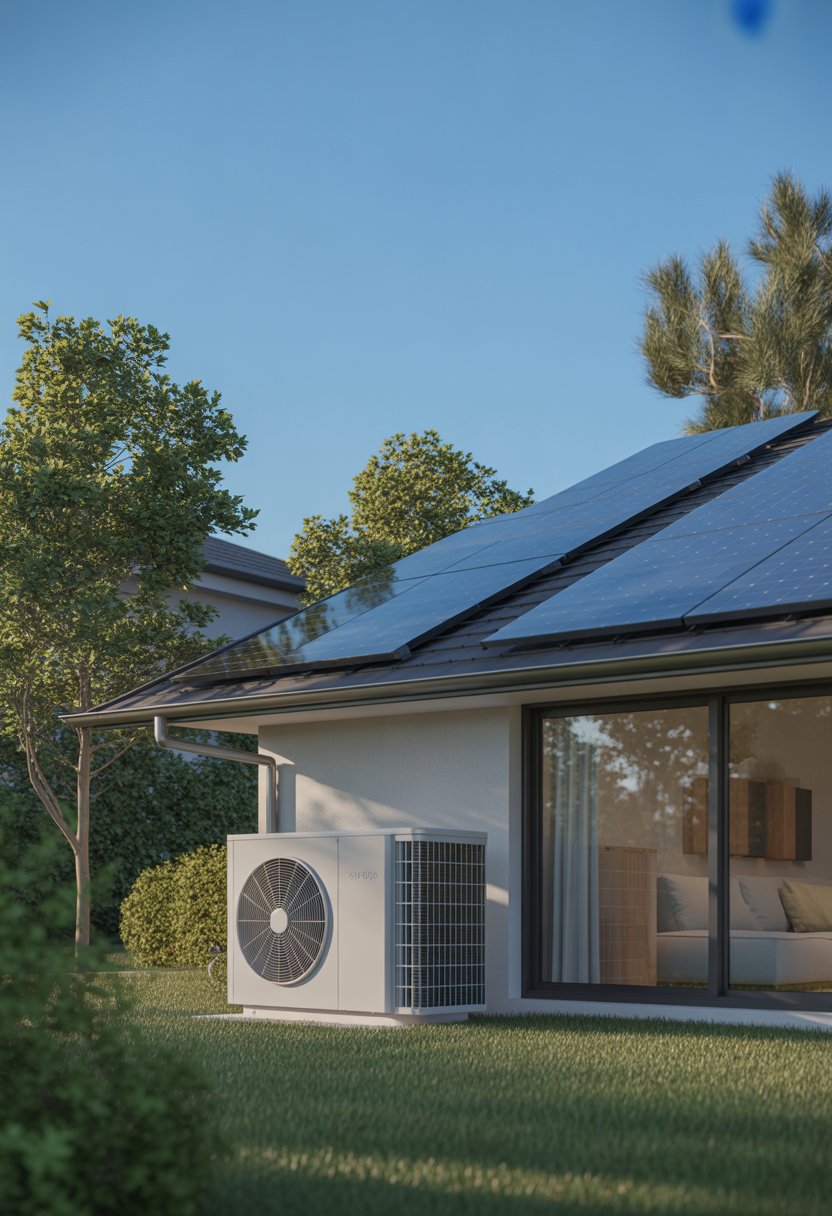 Modern Suburban House Ideas: 7 Stylish Designs to Inspire Your Next Home 11 A modern suburban house with solar panels on the roof and an HVAC system installed outside, surrounded by green trees and lawn.