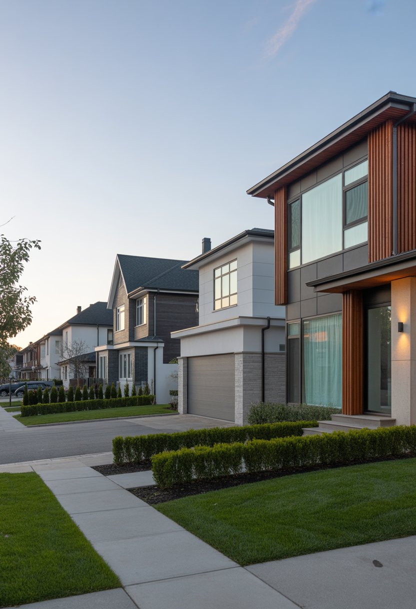 Modern Suburban House Ideas: 7 Stylish Designs to Inspire Your Next Home 12 A row of modern suburban houses with front yards and clear sky.