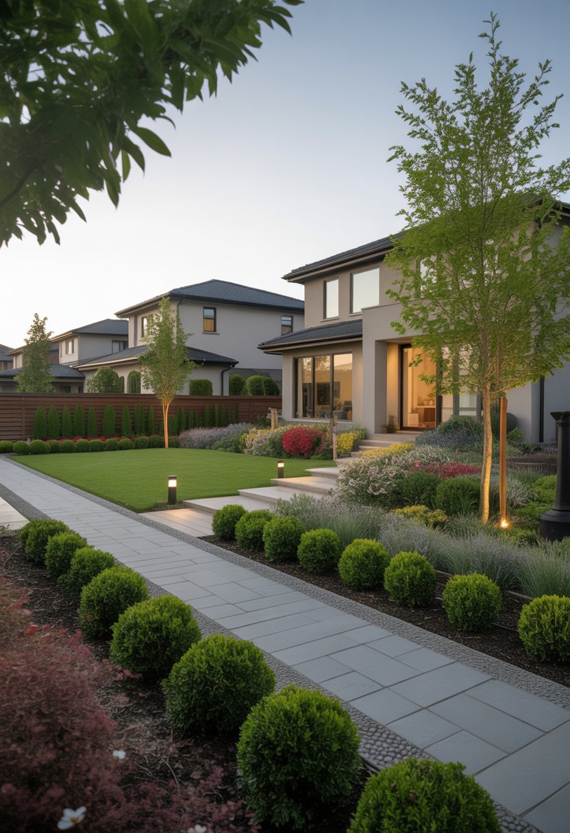 Modern Suburban House Ideas: 7 Stylish Designs to Inspire Your Next Home 13 A modern two-story suburban house with a manicured lawn, flowering plants, shrubs, and a stone pathway leading to the front door.
