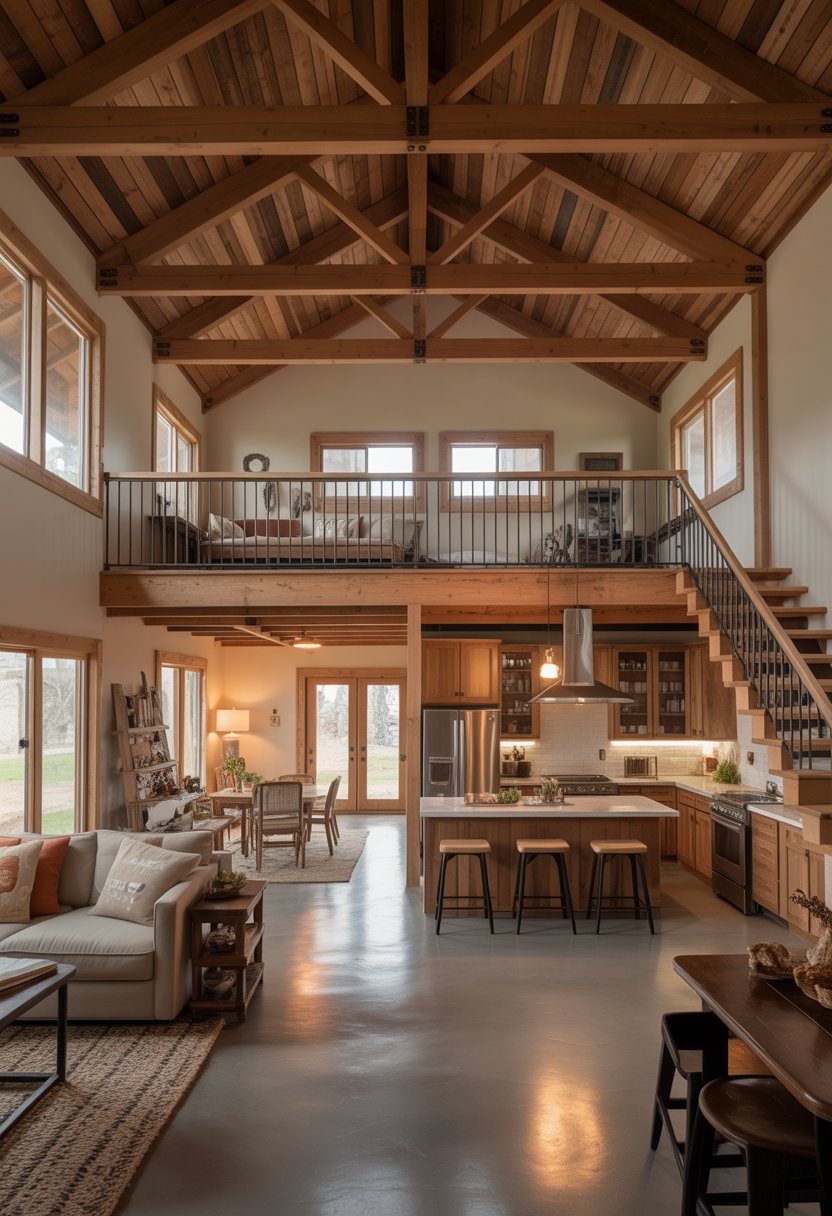 Open Concept Barndominium Floor Plans Single Story With Loft Ideas: 7 Smart Designs To Inspire 1 Interior view of a spacious single-story barndominium with an open floor plan and a loft area above.
