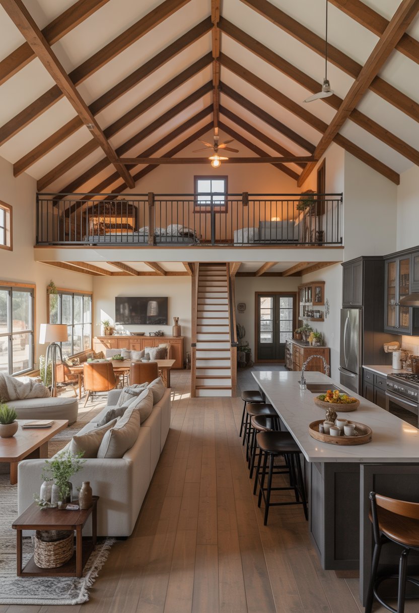 Open Concept Barndominium Floor Plans Single Story With Loft Ideas: 7 Smart Designs To Inspire 2 Open living area with vaulted ceilings, exposed beams, large windows, modern furniture, kitchen island with bar stools, and a visible loft above.