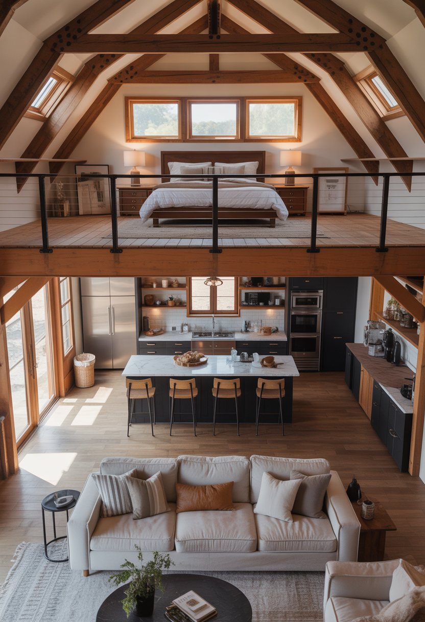 Open Concept Barndominium Floor Plans Single Story With Loft Ideas: 7 Smart Designs To Inspire 3 Loft bedroom overlooking an open main floor with a bar and living area in a single-story barndominium.