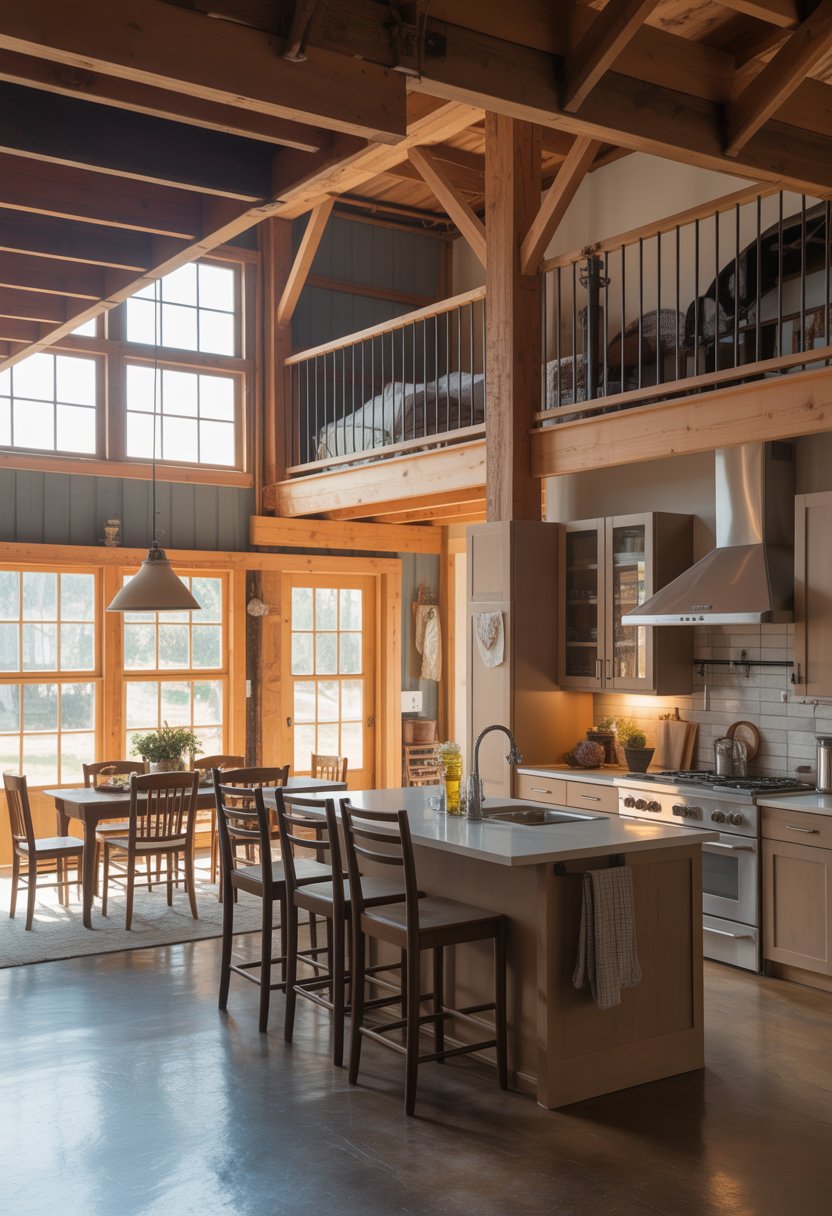 Open Concept Barndominium Floor Plans Single Story With Loft Ideas: 7 Smart Designs To Inspire 4 An open floor plan showing a kitchen with a central island and bar stools next to a dining table, with a loft visible above.