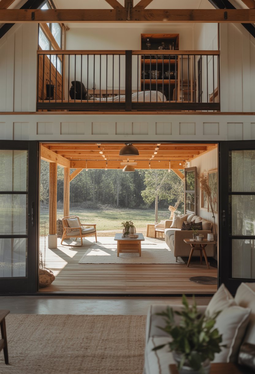 Open Concept Barndominium Floor Plans Single Story With Loft Ideas: 7 Smart Designs To Inspire 5 Living room with open doors leading to a wrap-around porch, showing a single-story home with a loft above and outdoor seating visible through the doors.