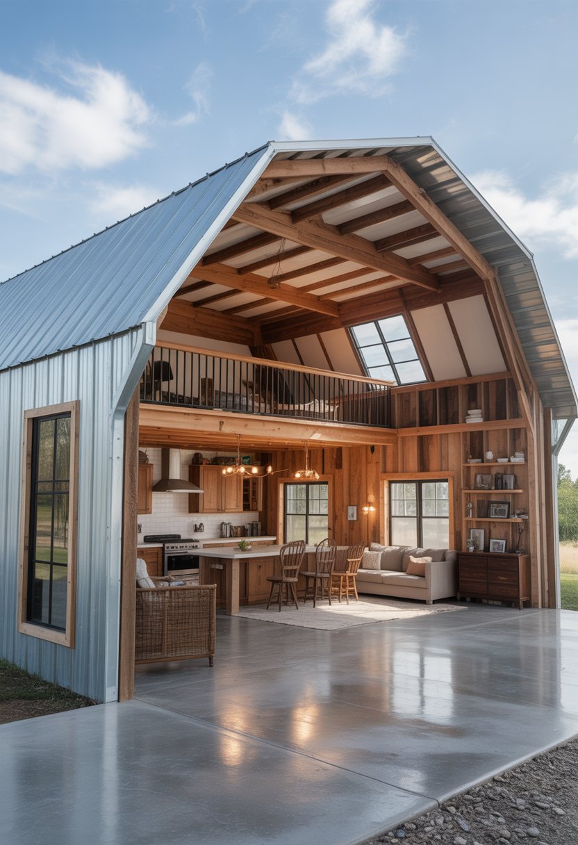 Open Concept Barndominium Floor Plans Single Story With Loft Ideas: 7 Smart Designs To Inspire 6 Interior view of a single-story barndominium with open floor plan, wooden beams, metal frame, kitchen island, living area, and a loft above.