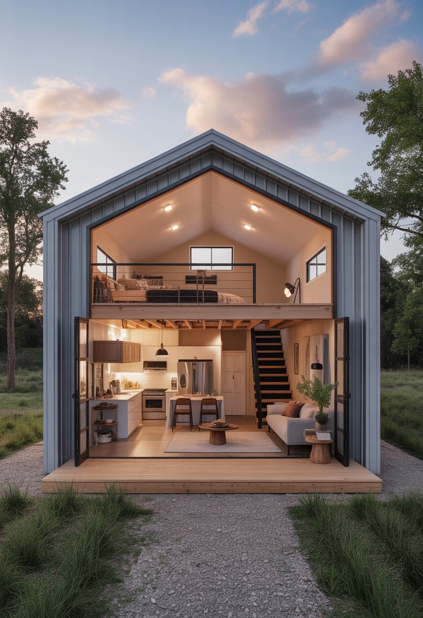 Open Concept Barndominium Floor Plans Single Story With Loft Ideas: 7 Smart Designs To Inspire 7 Interior and exterior view of a compact single-story barndominium with an open living area, kitchen, dining space, and a loft above.