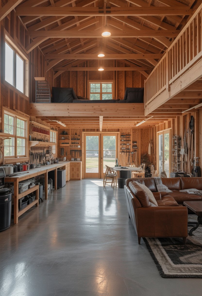 Open Concept Barndominium Floor Plans Single Story With Loft Ideas: 7 Smart Designs To Inspire 8 Interior view of an open concept single-story barndominium with an attached workshop, loft, wooden beams, and large windows.