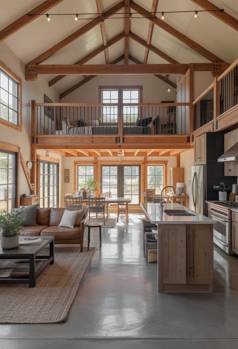 Open Concept Barndominium Floor Plans Single Story With Loft Ideas: 7 Smart Designs To Inspire 9 Open concept barndominium interior with a single-story layout and a loft, featuring a living area, kitchen, and exposed wooden beams.