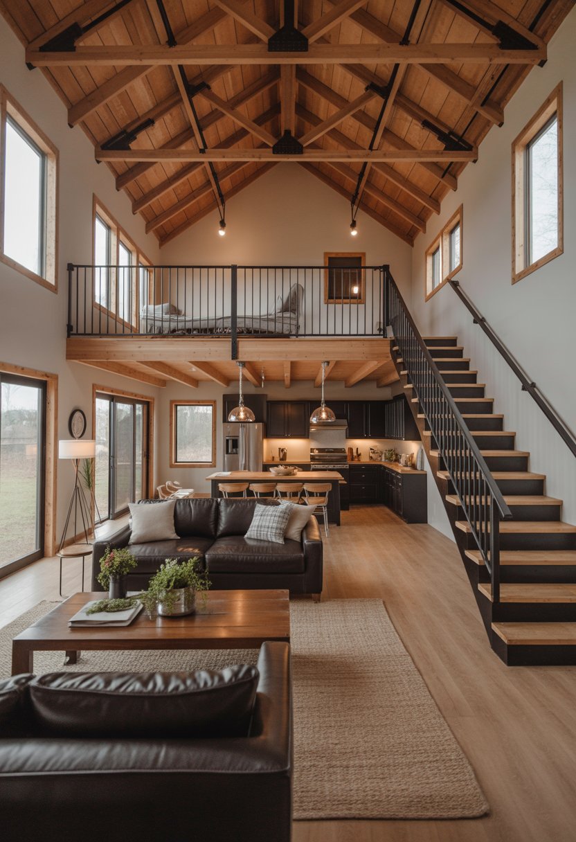 Open Concept Barndominium Floor Plans Single Story With Loft Ideas: 7 Smart Designs To Inspire 10 Interior view of a single story barndominium with an open floor plan and a loft overlooking the living area.