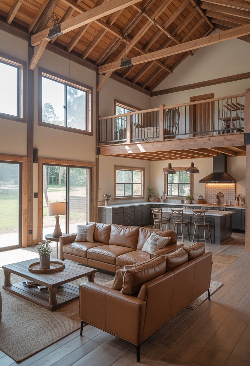 Open Concept Barndominium Floor Plans Single Story With Loft Ideas: 7 Smart Designs To Inspire 11 Interior of an open concept single-story barndominium with a living area, kitchen, and loft visible above.