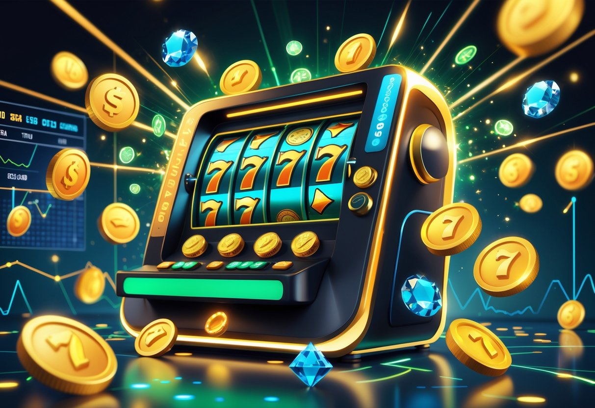 Ilustrasi mesin slot modern dengan gulungan yang menampilkan simbol kemenangan dan latar belakang pola serta cahaya emas yang menandakan keberuntungan dan strategi menang.