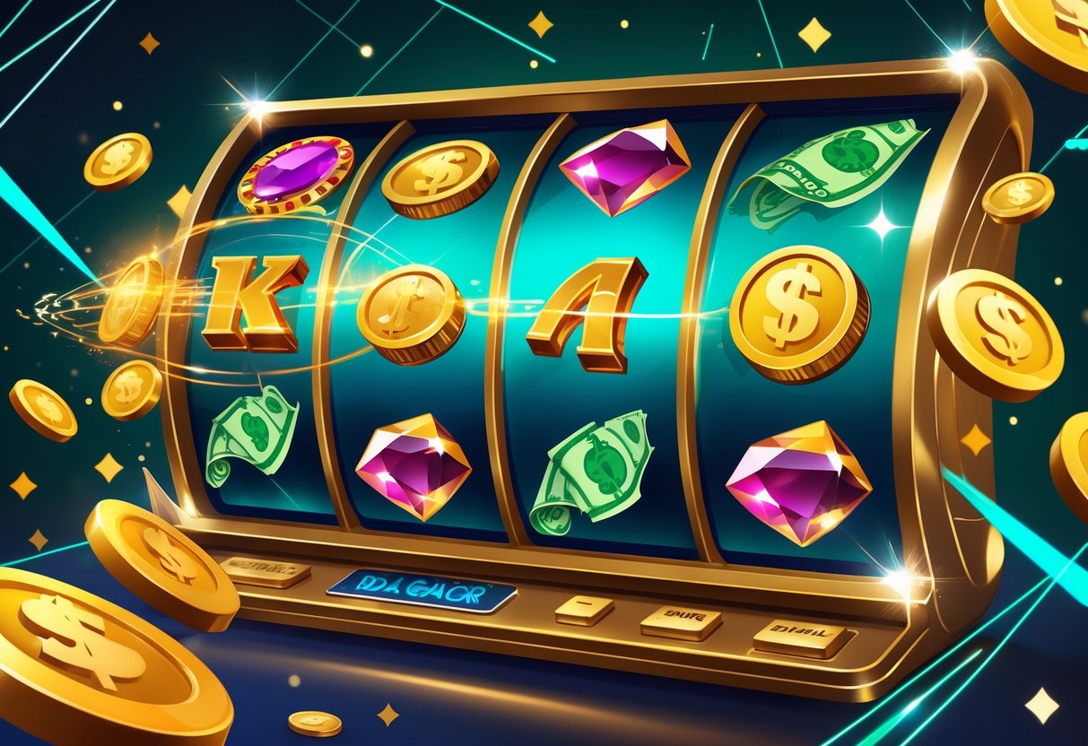 Ilustrasi mesin slot dengan gulungan berputar menampilkan koin emas, uang kertas, dan permata, dengan latar belakang suasana kasino modern yang penuh cahaya.