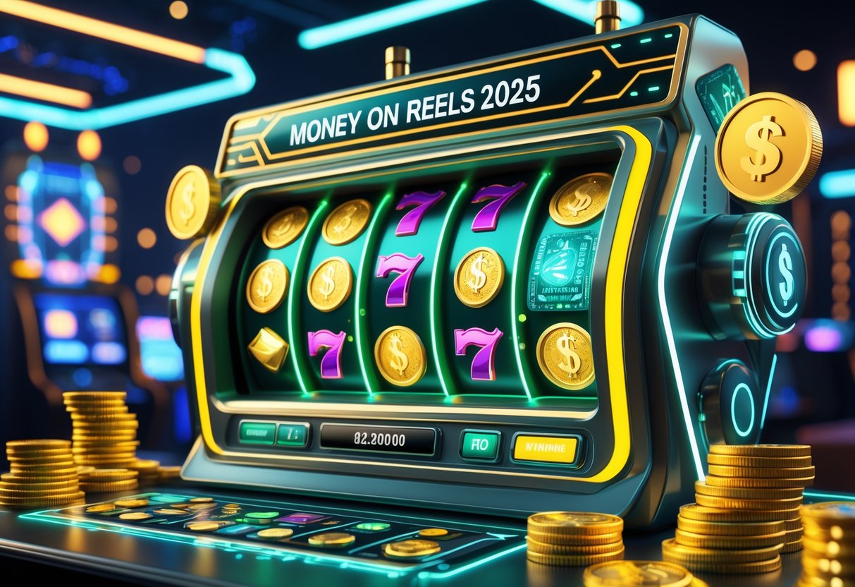 Ilustrasi mesin slot digital futuristik dengan gulungan berputar menampilkan simbol uang dan koin emas di latar kasino modern.