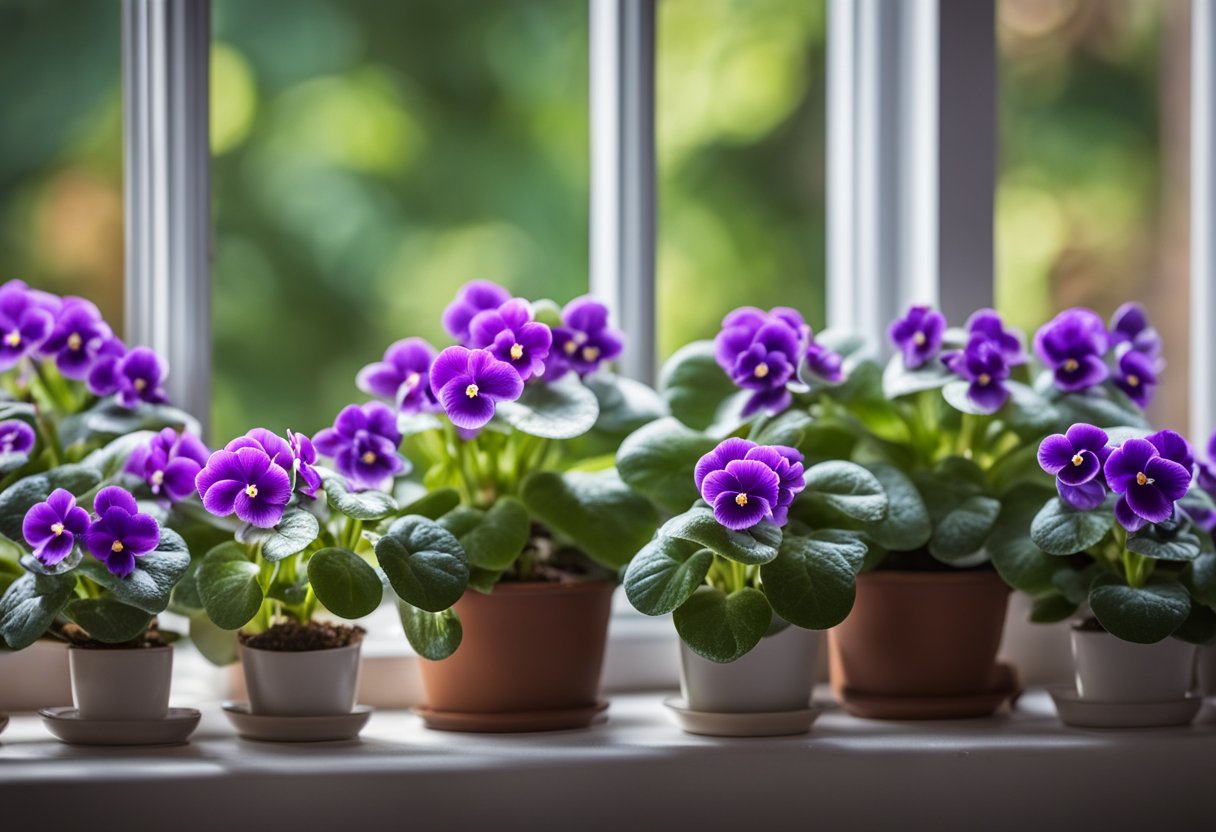 pots of African violets by the window sill