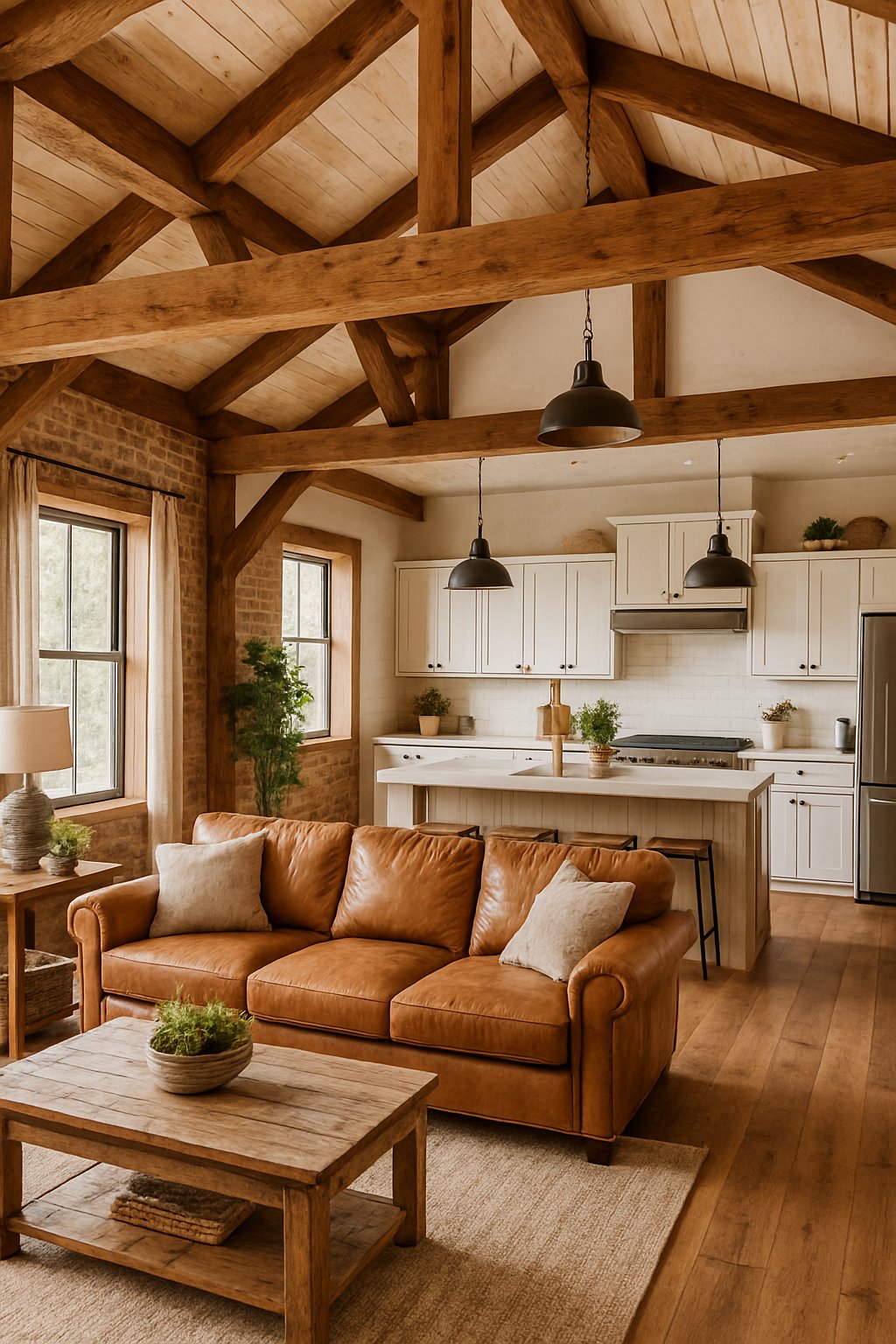 An open living space with wooden beams, a leather sofa, coffee table, large windows, and a kitchen with an island and bar stools.