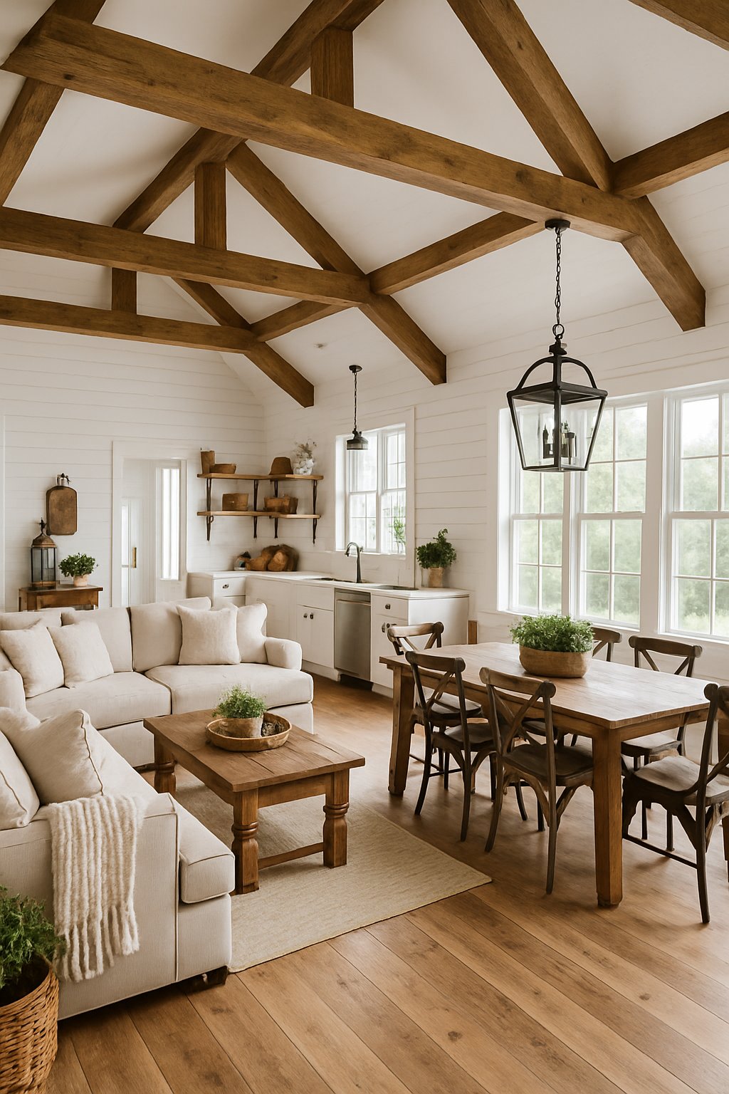Interior of a spacious living and dining area with wooden beams, large windows, a sofa, dining table, and kitchen in the background.