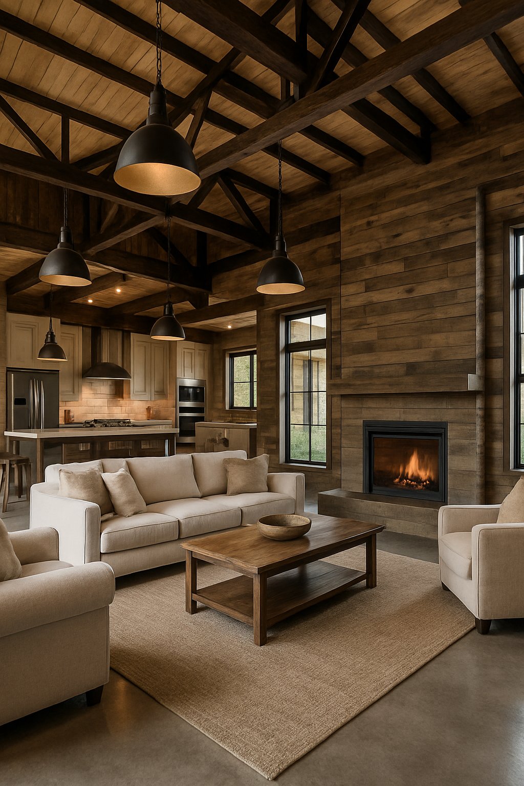 Interior of a spacious living area with wooden beams, a fireplace, seating, and a kitchen with an island and large windows.