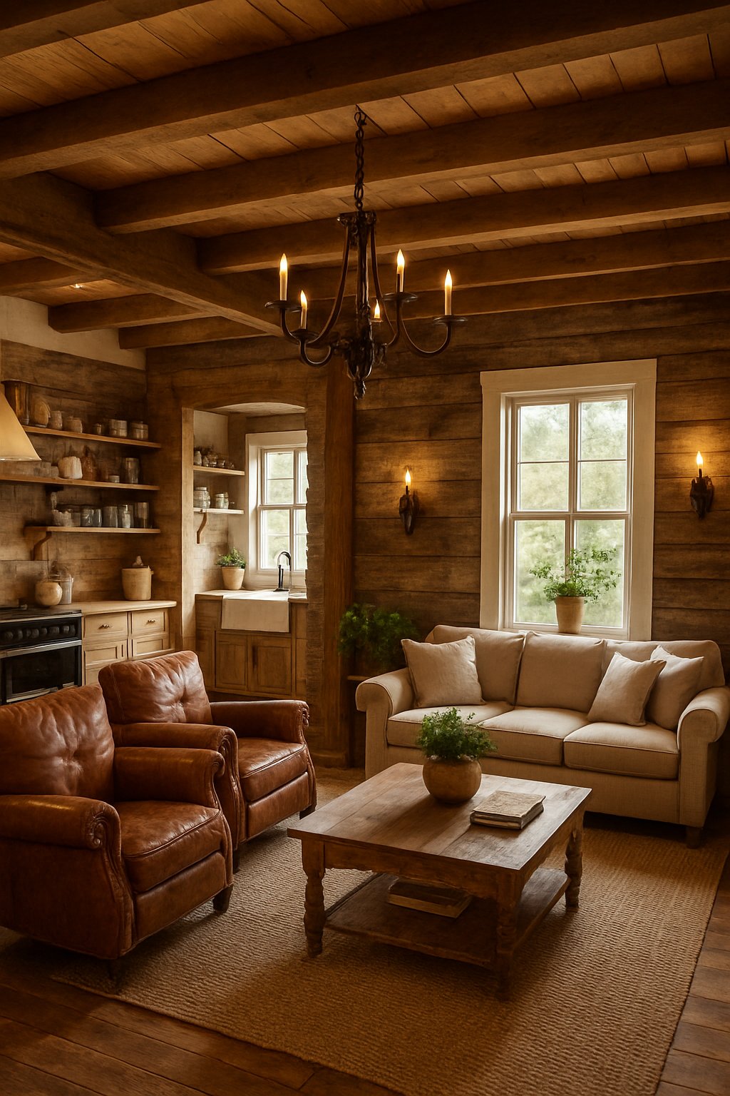 A cozy living room with wooden beams, a sofa, armchairs, a wooden coffee table, and a farmhouse-style kitchen with open shelves and vintage appliances.