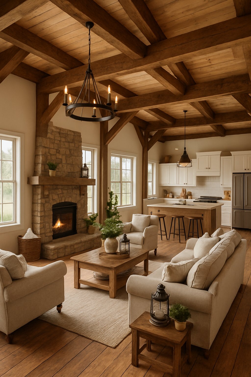 Spacious living area with wooden beams, stone fireplace, cozy sofas, and a kitchen with white cabinets and a wooden island.