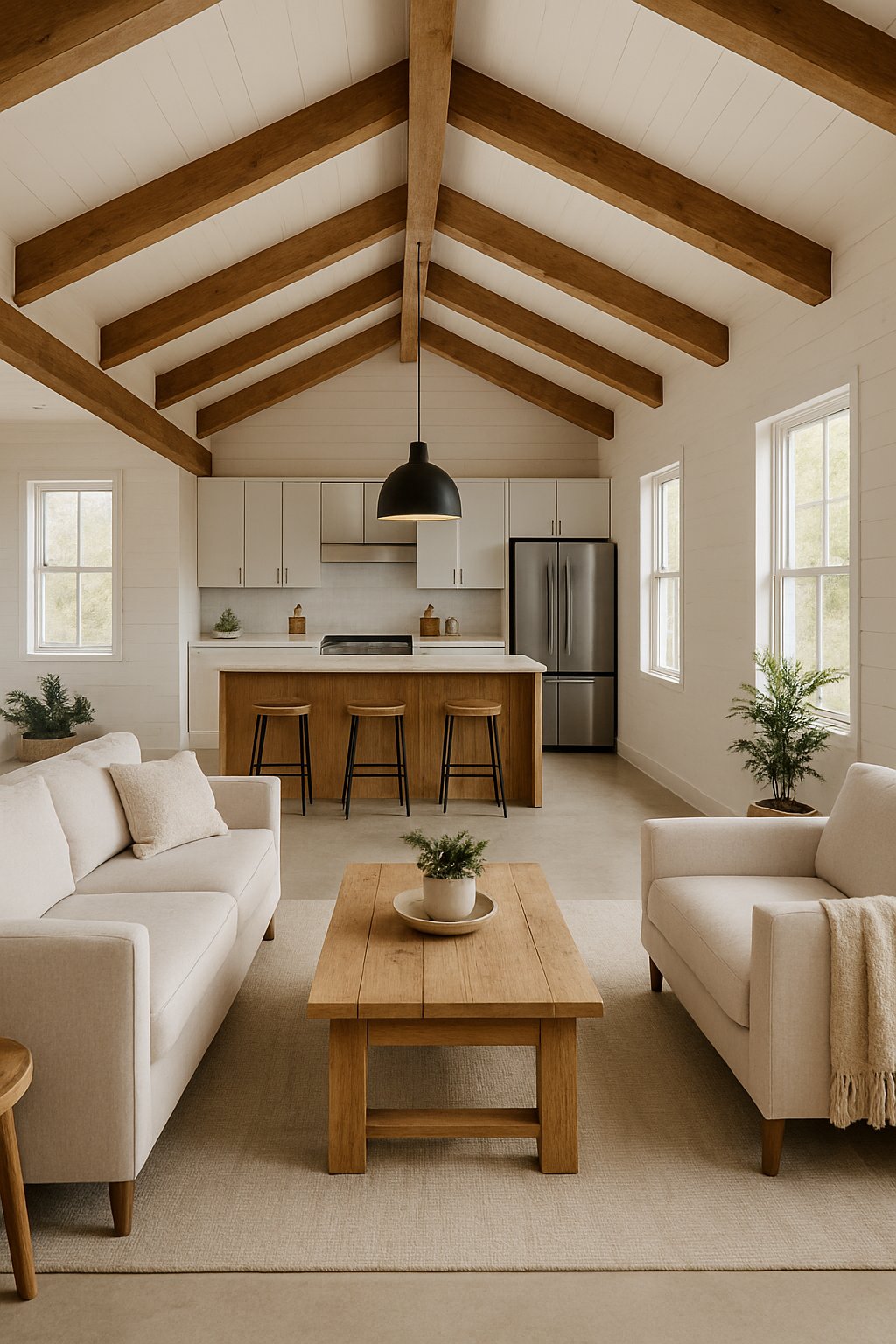 A spacious open living area with wooden beams, large windows, a kitchen island, and neutral-toned furniture.