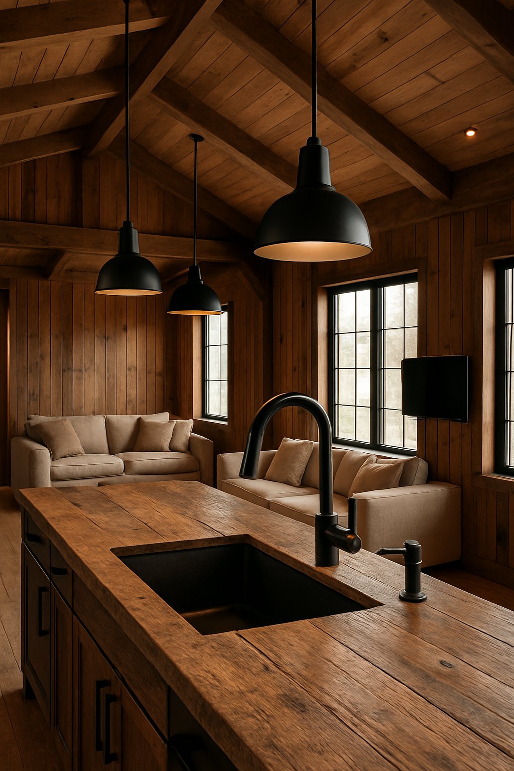 Interior view of a spacious room with wooden beams, a kitchen island with black fixtures, and natural wood surfaces illuminated by warm light.
