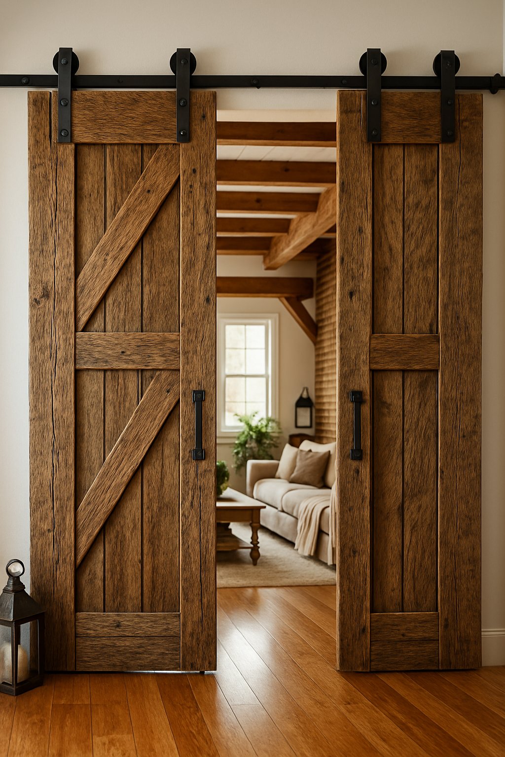 Interior of a barndominium with sliding barn doors made of reclaimed wood and a cozy living area with wooden beams and natural light.