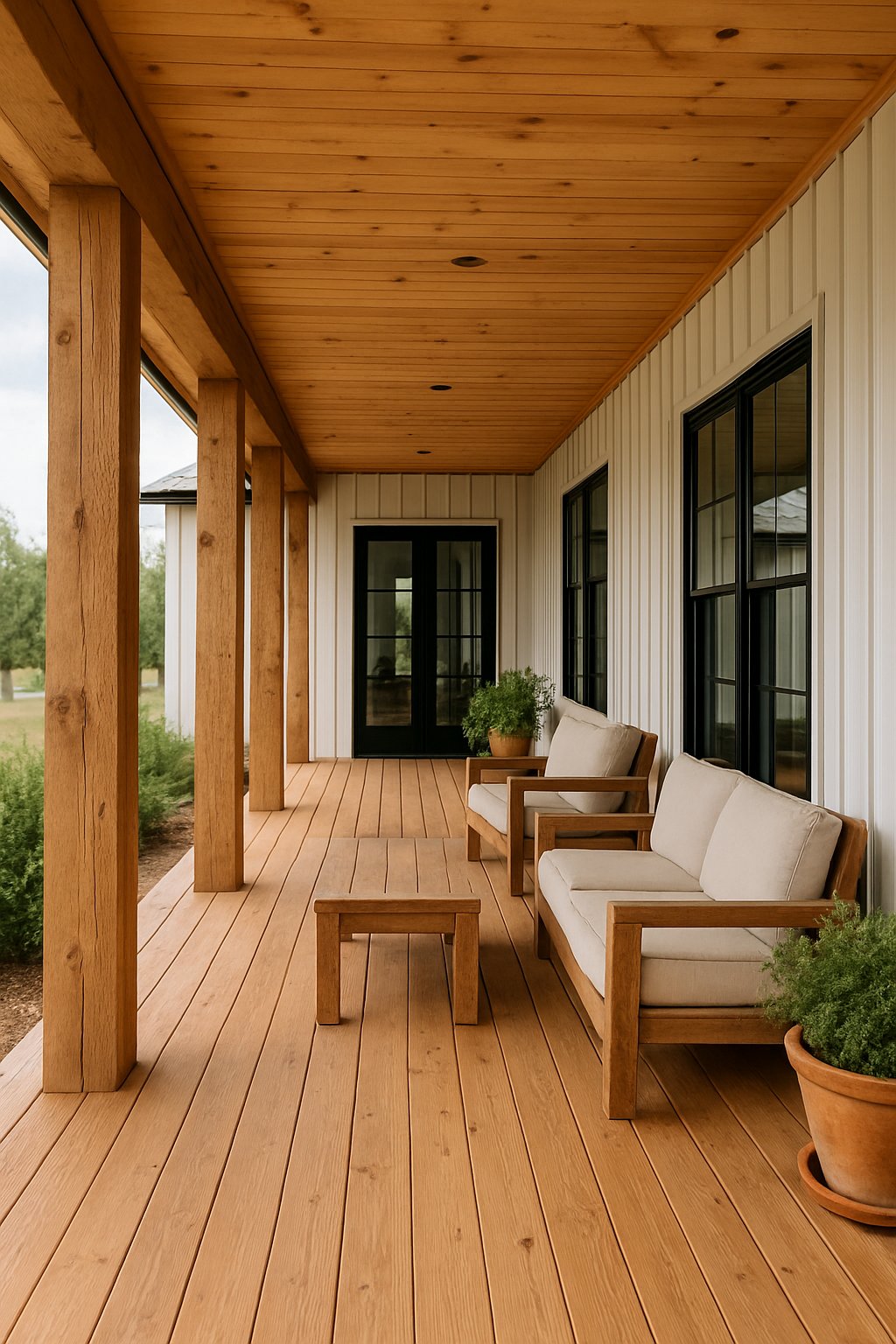 A spacious wraparound porch with wooden columns and outdoor seating, surrounded by plants and large windows leading inside.