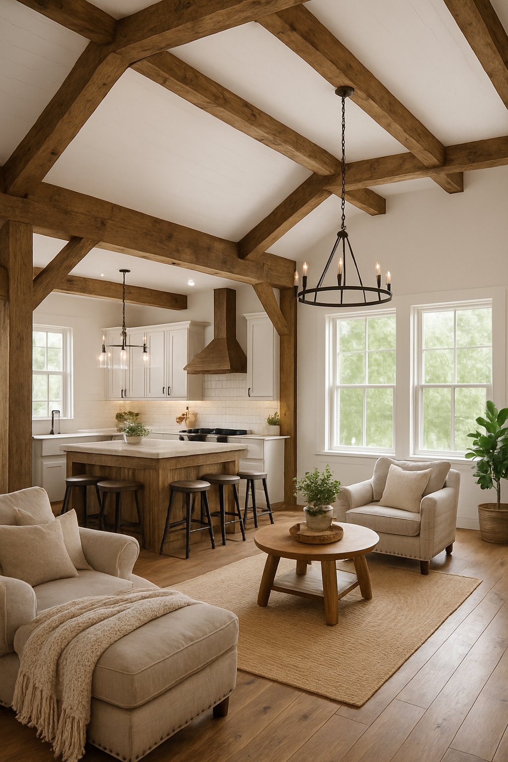 An open interior space with large windows letting in natural light, wooden beams, a kitchen island, and comfortable seating.