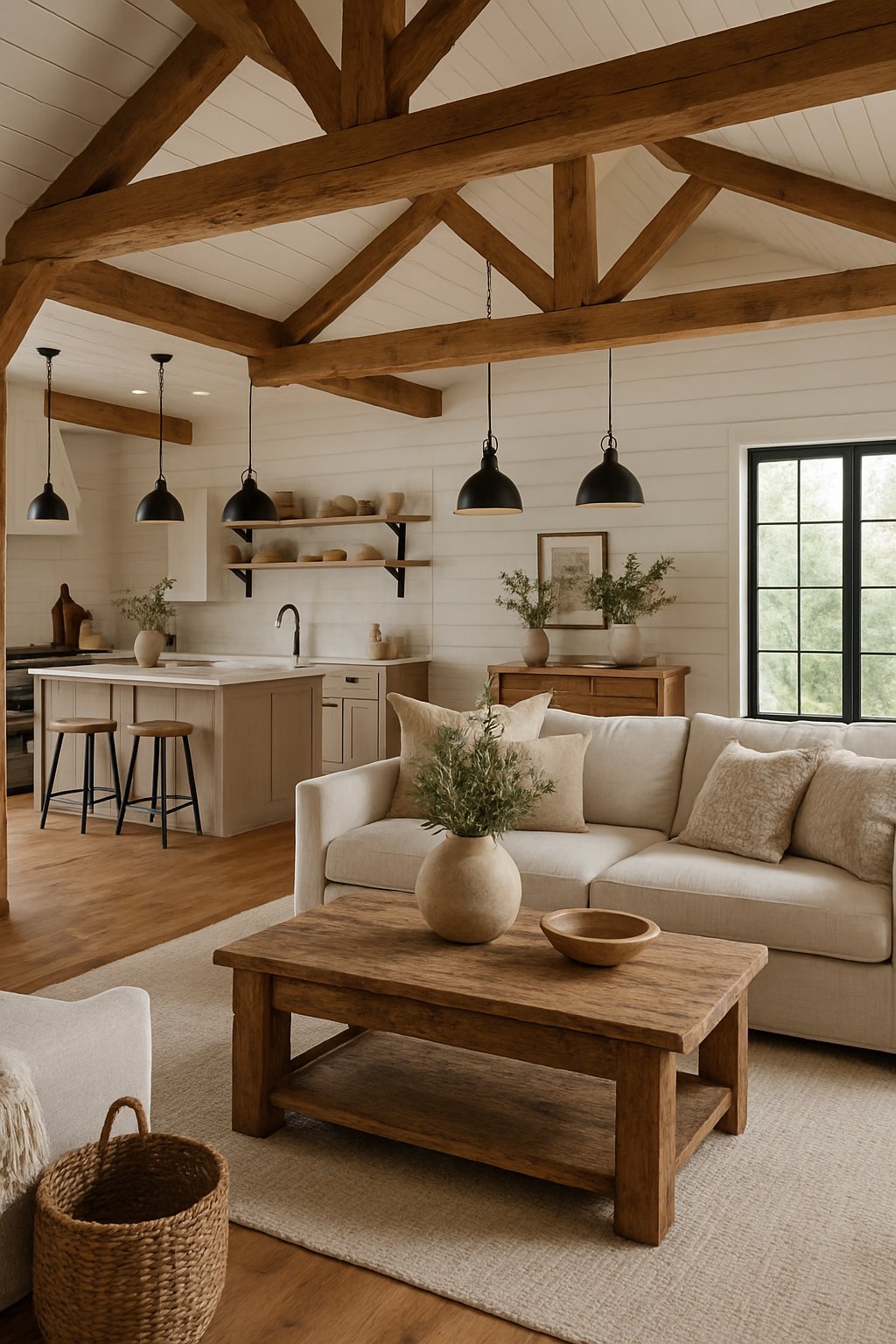 A bright and cozy open living space with wooden beams, a sofa, coffee table, kitchen island, and large windows letting in natural light.