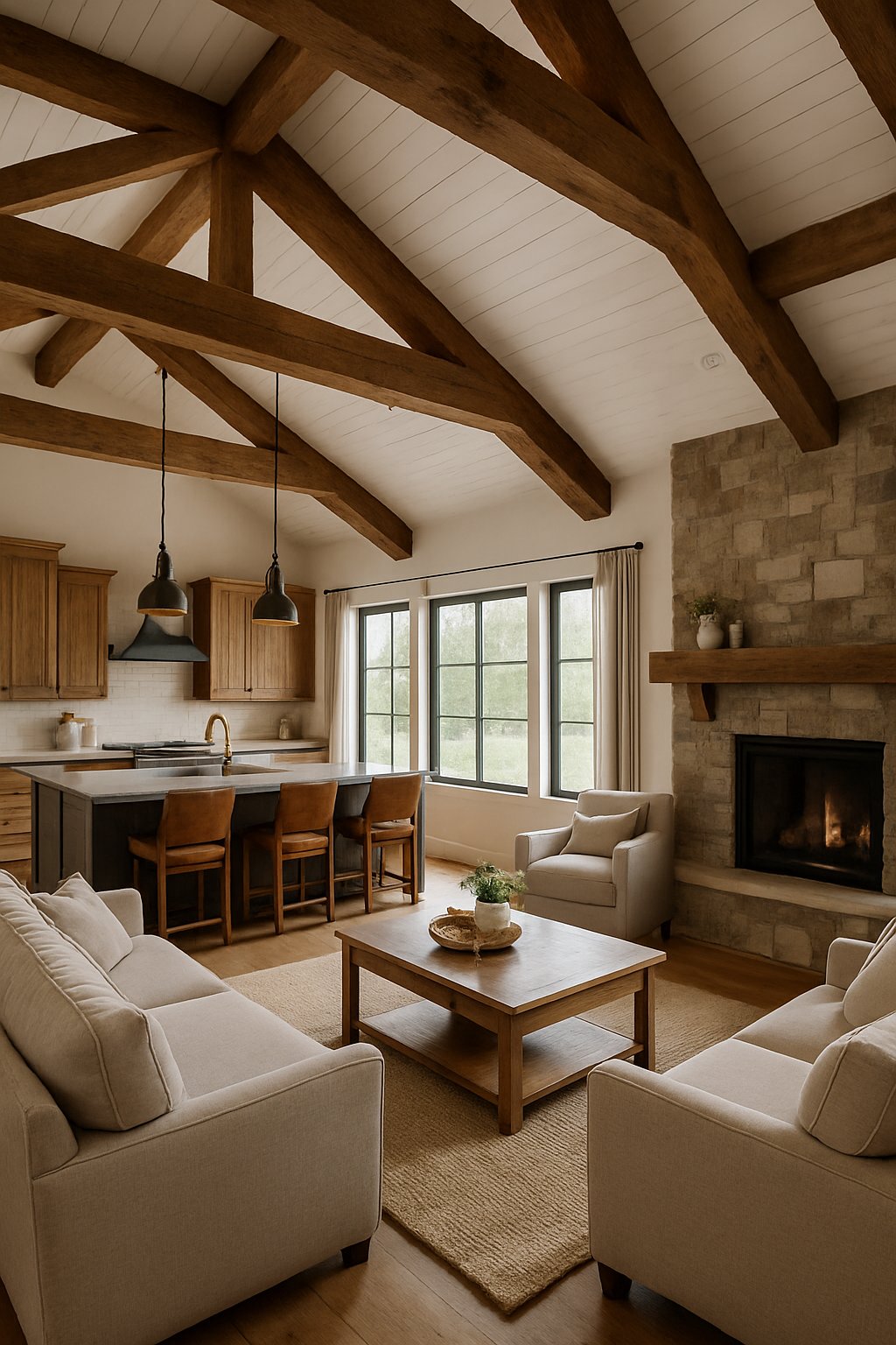 Interior view of a spacious living and kitchen area with wooden beams, stone fireplace, kitchen island, and large windows letting in natural light.