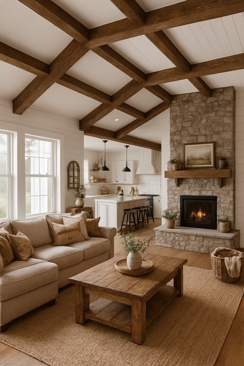 A spacious living area with wooden beams, a stone fireplace, a sectional sofa, and an open kitchen with a large island.