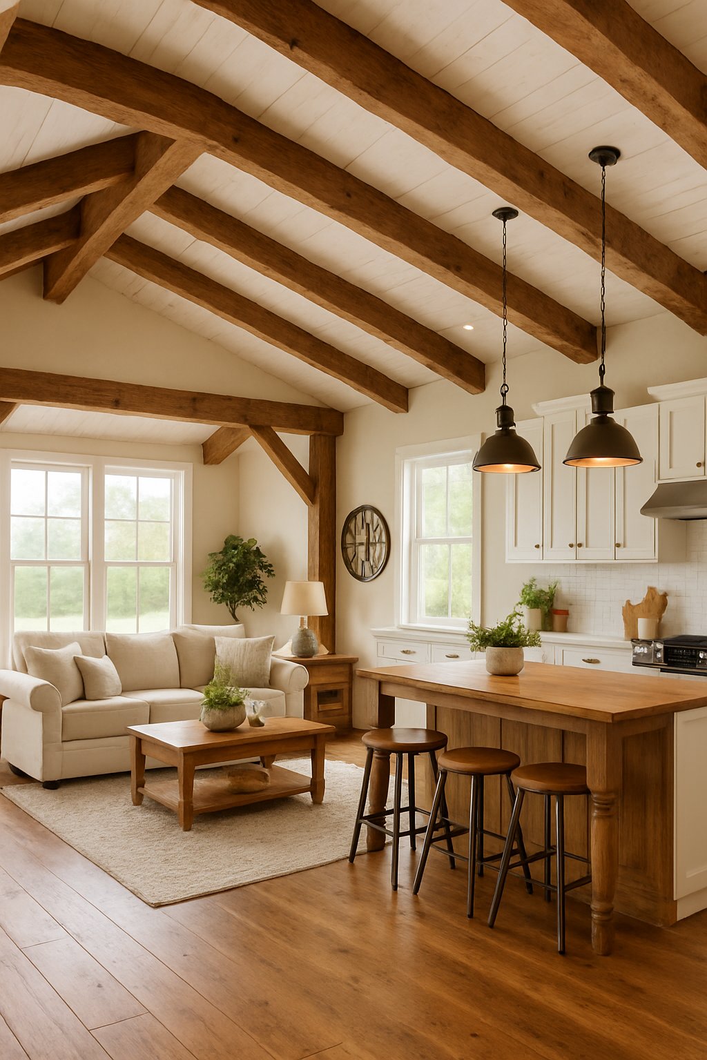 Interior of a spacious living area with wooden beams, large windows, a sofa, wooden coffee table, kitchen island, and farmhouse-style decor.