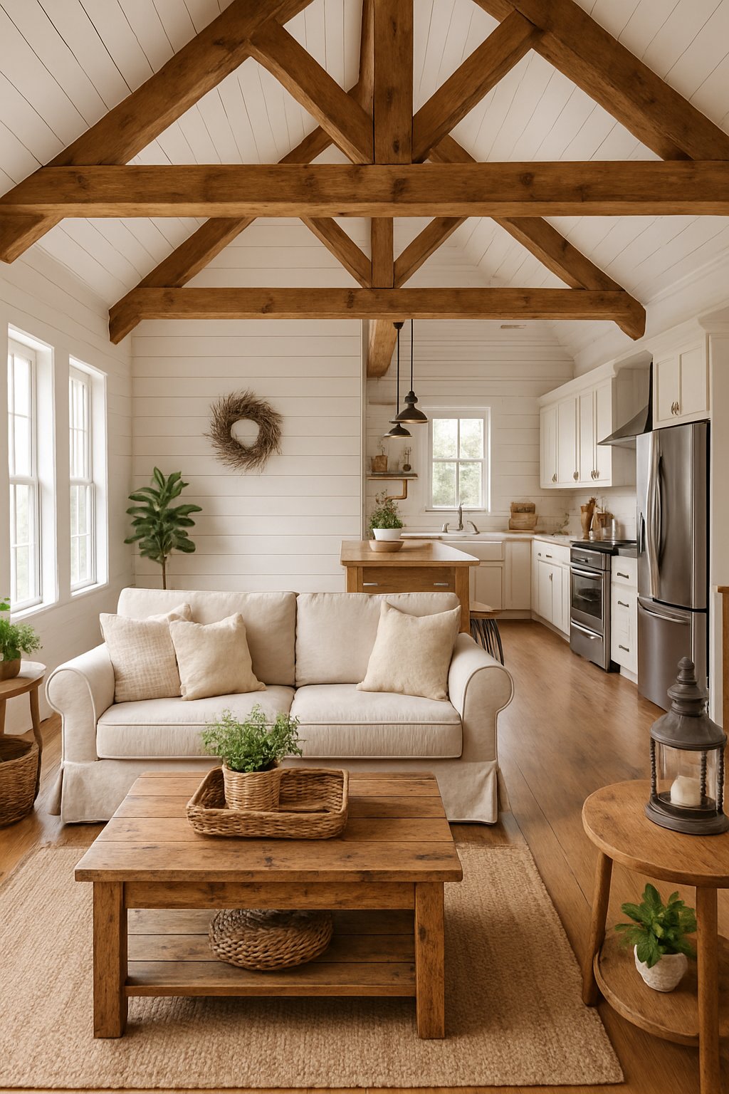 A bright and spacious living area with wooden beams, a beige sofa, a wooden coffee table, and a kitchen with a wooden island and stainless steel appliances.
